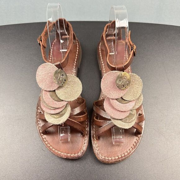 Exquisite J Sandals Womens 37 EU Brown Leather Strappy Artsy Boho Made in Italy - Picture 1 of 16
